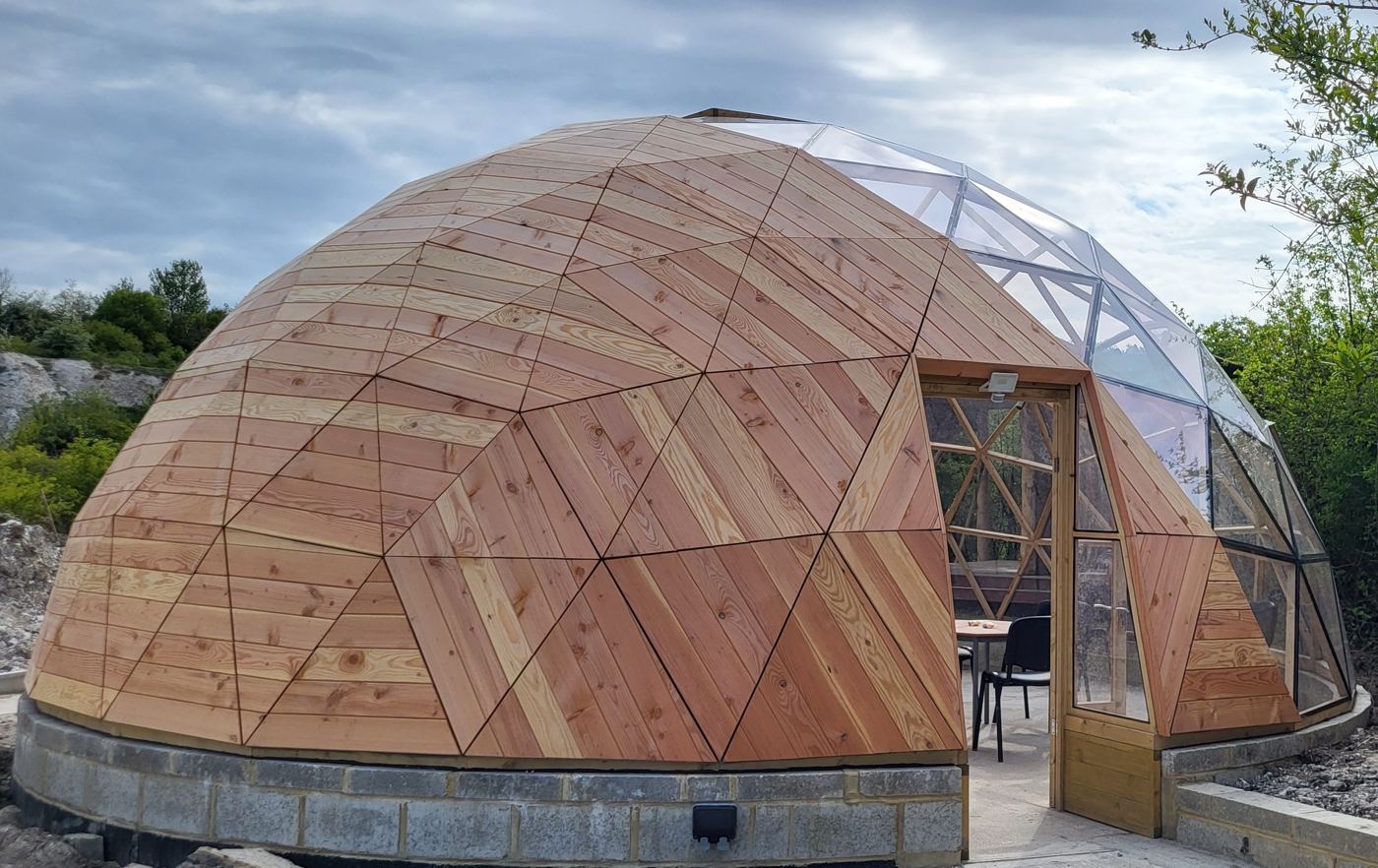 The finished 8m hybrid dome at Monkton Nature Reserve, Douglas fir cladding to the south-facing third